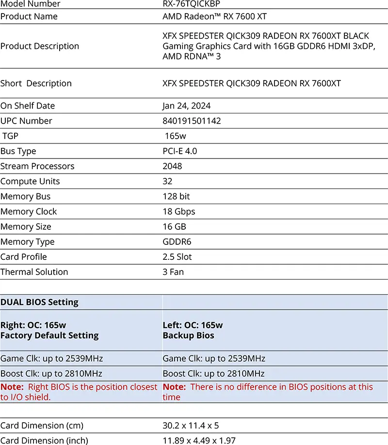 xfx rx 7600 xt quick 309 specifications